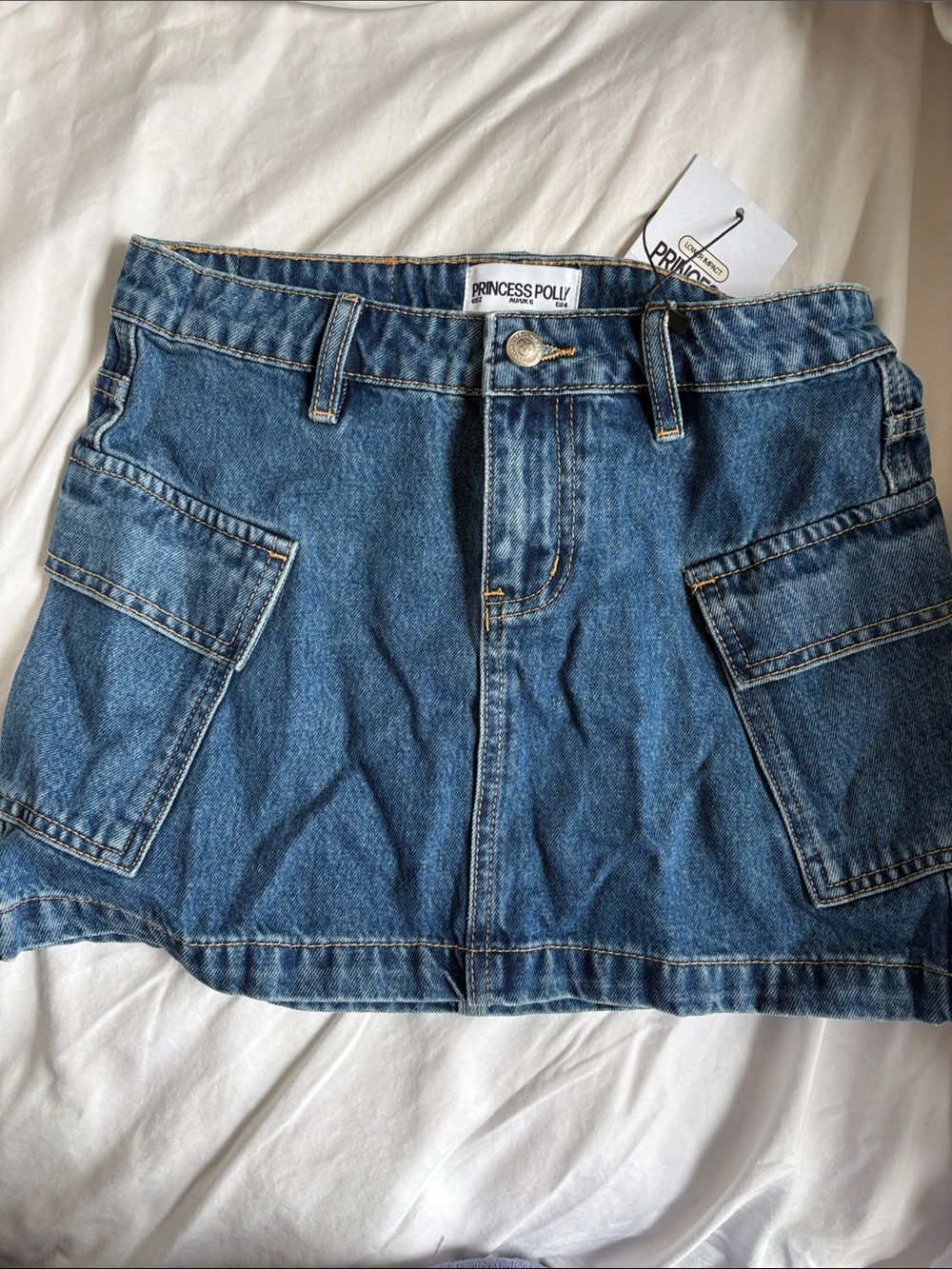 Princess Polly Medium Blue Denim Mini Skirt with Patch Pockets